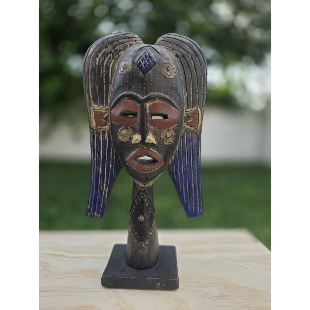Vintage Wooden Hand Carved in Ghana African Tribal Mask Art Statue Sculpture 15"